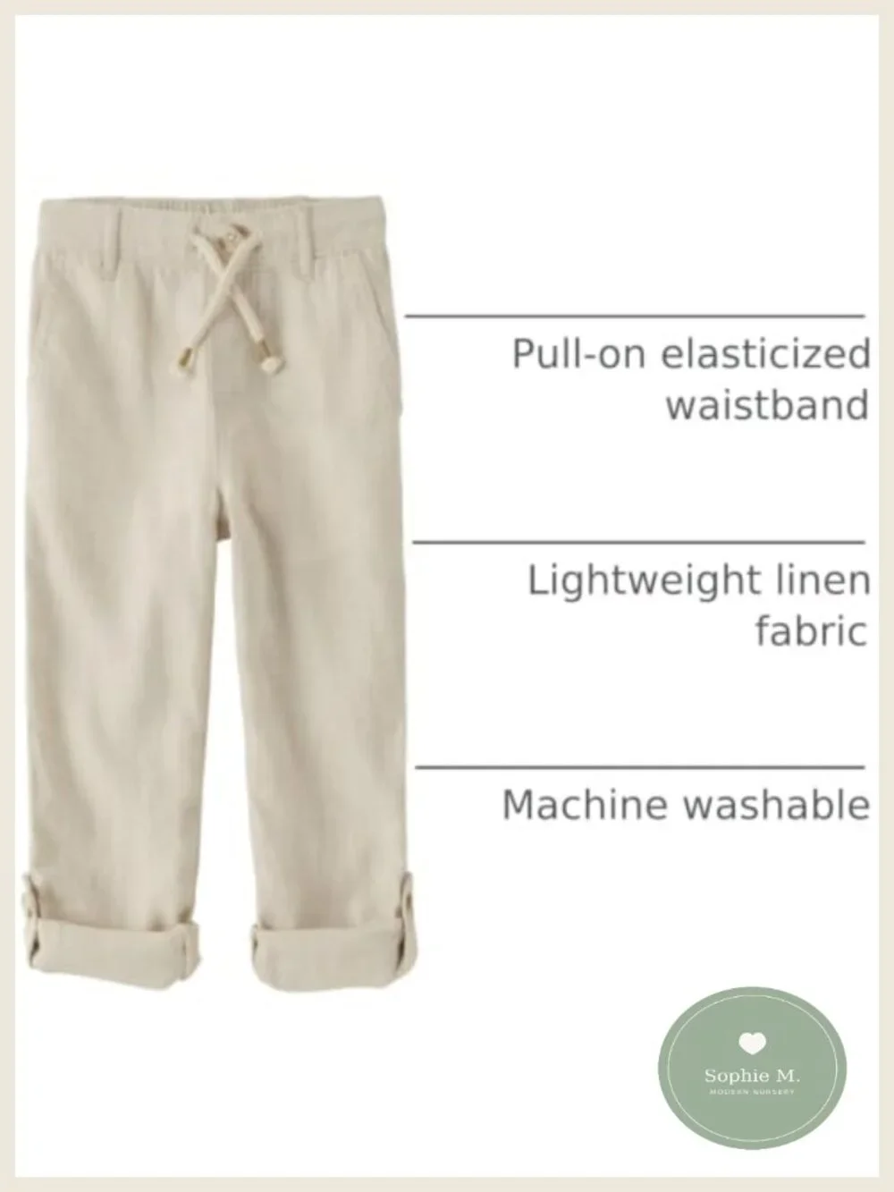 Boys Linen Pants, Pull-On Tapered Chino with Pockets